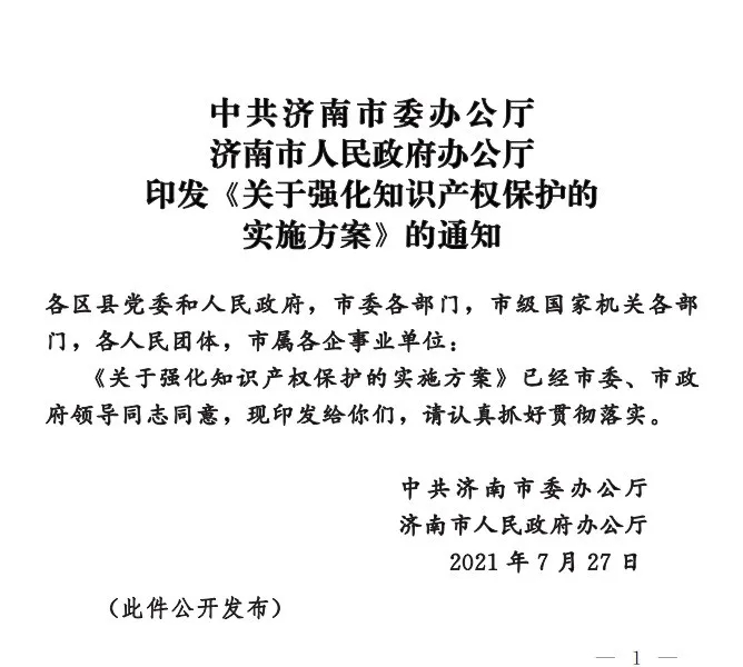 濟(jì)南：關(guān)于強(qiáng)化知識(shí)產(chǎn)權(quán)保護(hù)的實(shí)施方案